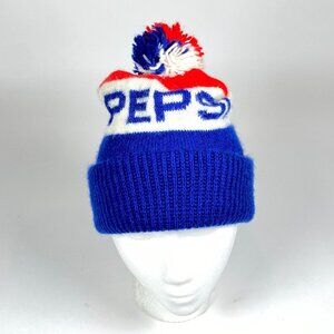 Vintage Pepsi Knit Beanie Hat Cap Red White Blue Pom Pom Winter Toboggan